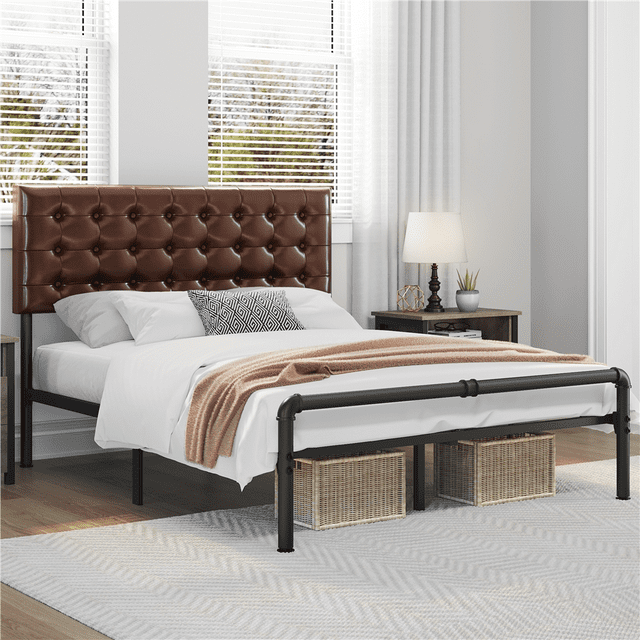 SMILE MART Metal Platform Queen Bed with Tufted Faux Leather Headboard, Brown