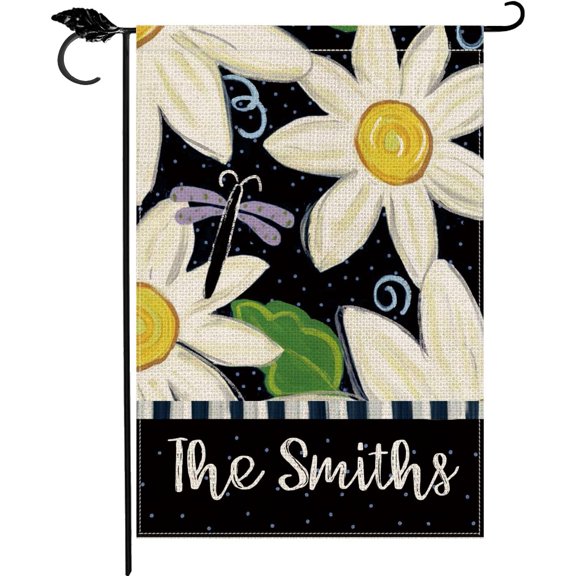 SMILE Personalized Spring Summer Garden Flag, Custom Family Last Name Flower Dragonfly, Double Sided 12 x 18 Inch Rustic Farmhouse Burlap Yard Outdoor Decoration