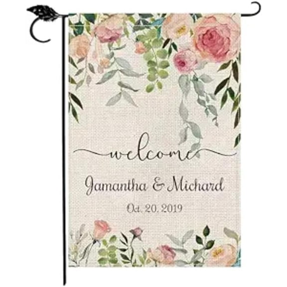 SMILE Personalized Wedding Memorial Anniversary Garden Flag, Valentine Customized Name And Date Flower Wreath. (Red, 12"x18")