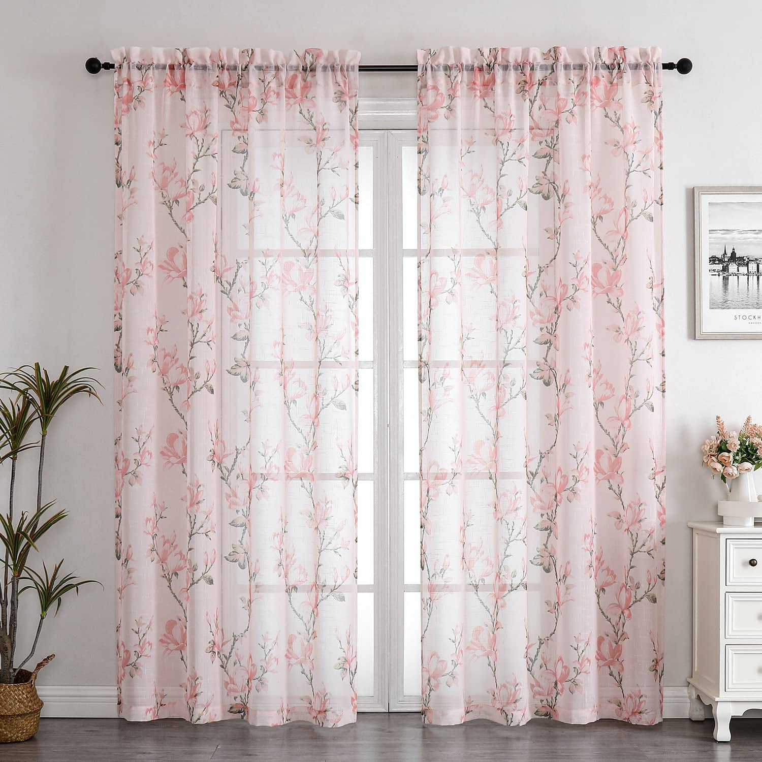 SMILE WEAVER Grey Sheer Curtains - 2 Panels, 52"W X 84"L, Floral Pattern Rod Pocket Light Filtering Drapes