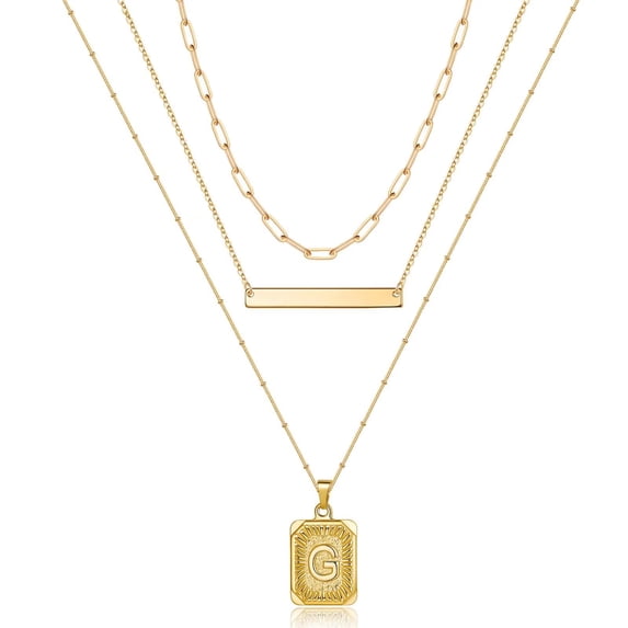 TURANDOSS Gold Layered Initial Necklaces for Women, 14K Gold Plated Paperclip Chain Necklace Handmade Square Pendant Necklaces Jewelry Gifts for Women Set 3PCS