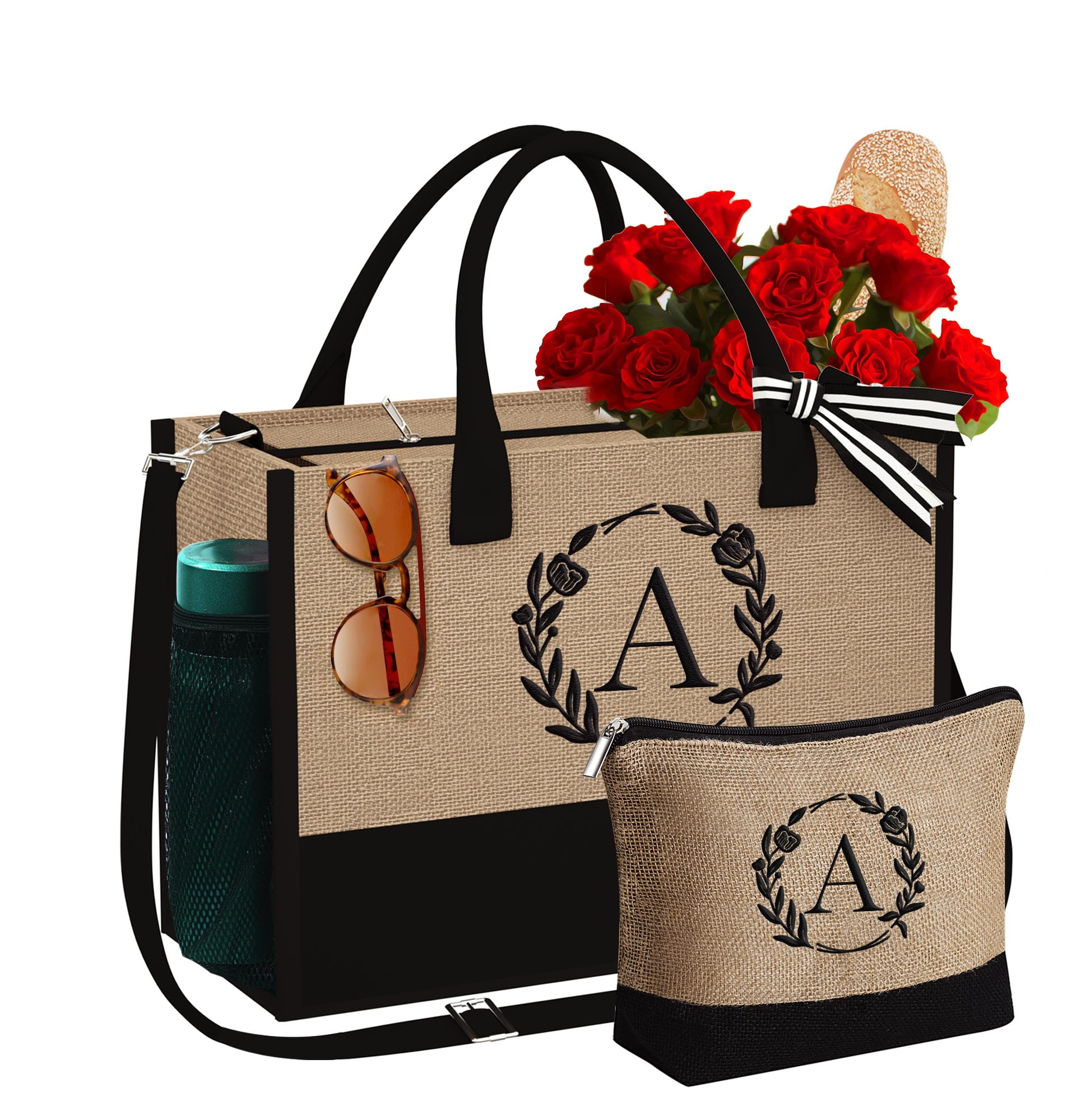 SMILEST Initial Jute Tote Bag with Makeup Bag Beach Bag with Pockets ...