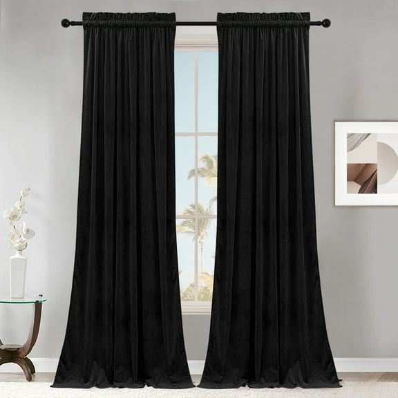 SMILETIME Black Velvet Curtains with Rod Pocket Thermal Insulated Soft Privacy Room Darkening Velvet Drapes for Bedroom and Living Room, Set of 2 Panels, 52 x 96 Inches Long