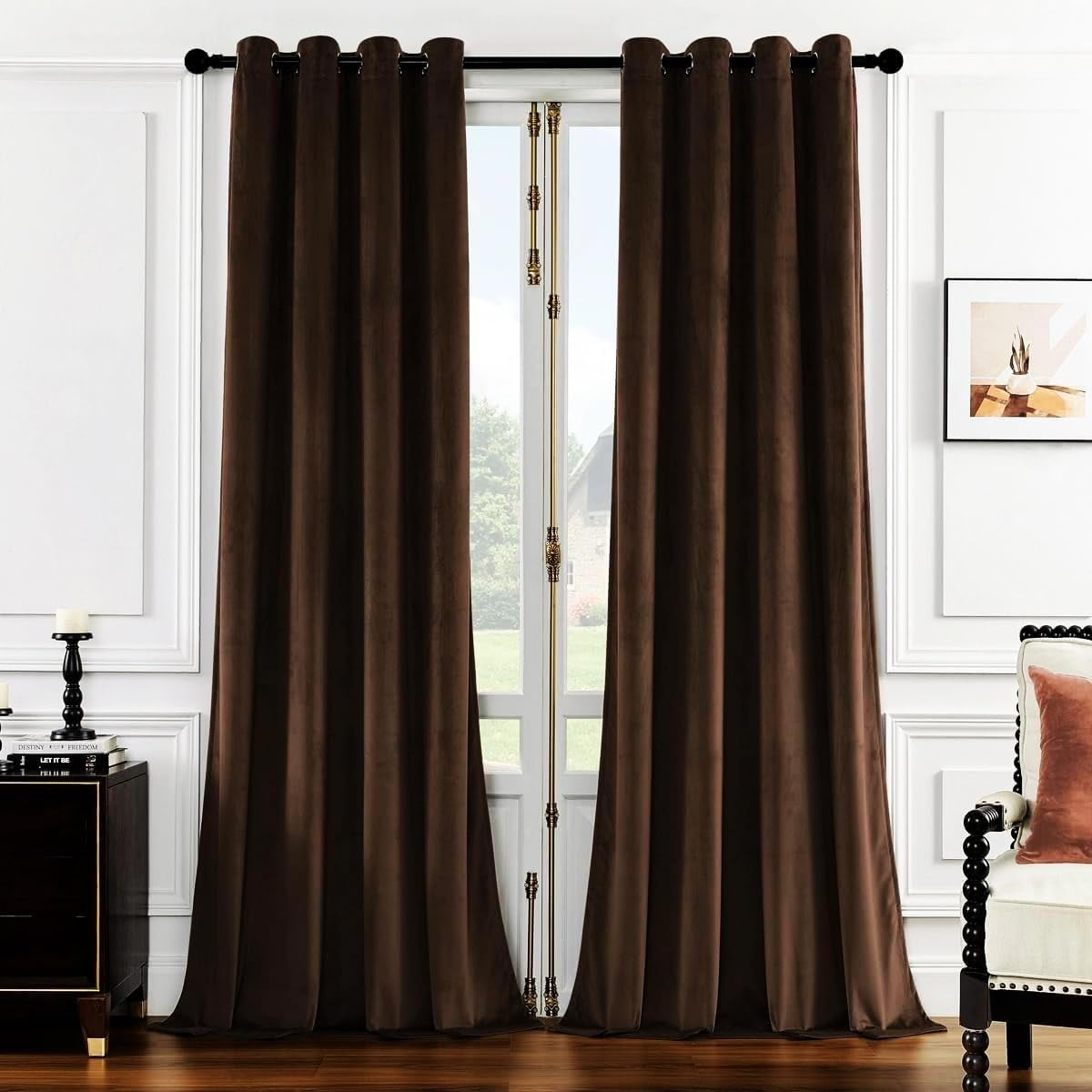 SMILETIME Brown 52 x 96in Long Velvet Curtains with Grommet, Thermal Insulated Super Soft Privacy Noise Reducing Light-Filtering Velvet Curtains for Living Room, 2 Panels