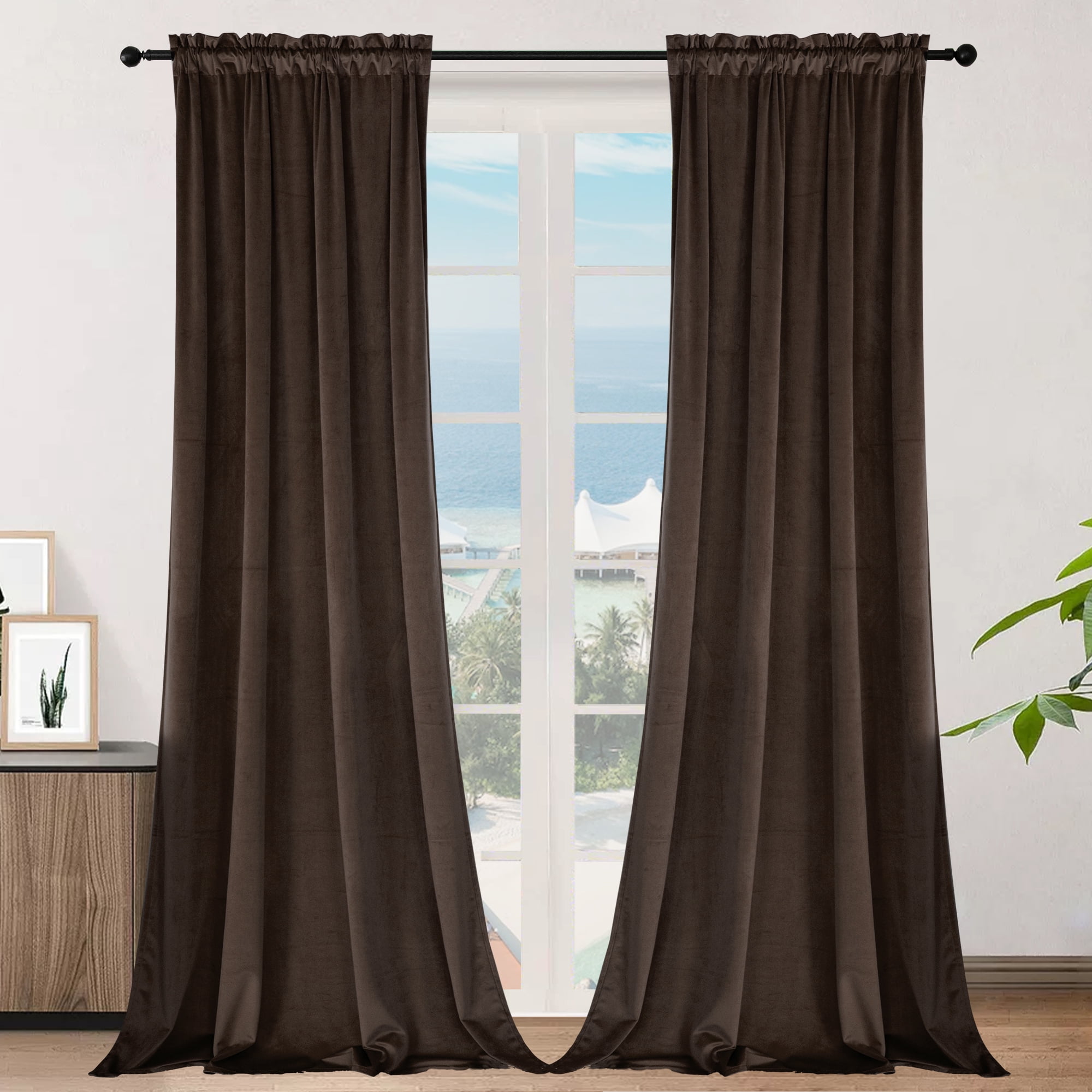 SMILETIME Brown Velvet Curtains with Rod Pocket Thermal Insulated Soft Privacy Room Darkening Velvet Drapes for Bedroom and Living Room, Set of 2 Panels, 52 x 108 Inches Long