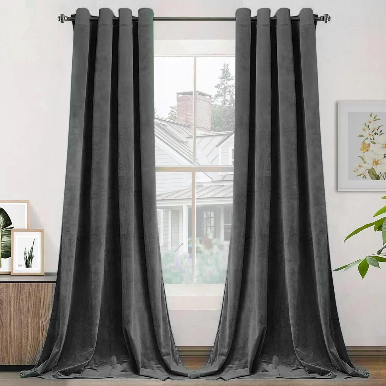 SMILETIME Dark Grey 52 X 96in Velvet Curtains with Grommet, Thermal Insulated Soft Privacy Noise Reducing Light-filtering Velvet Drapes for Living Room, 2 Panels