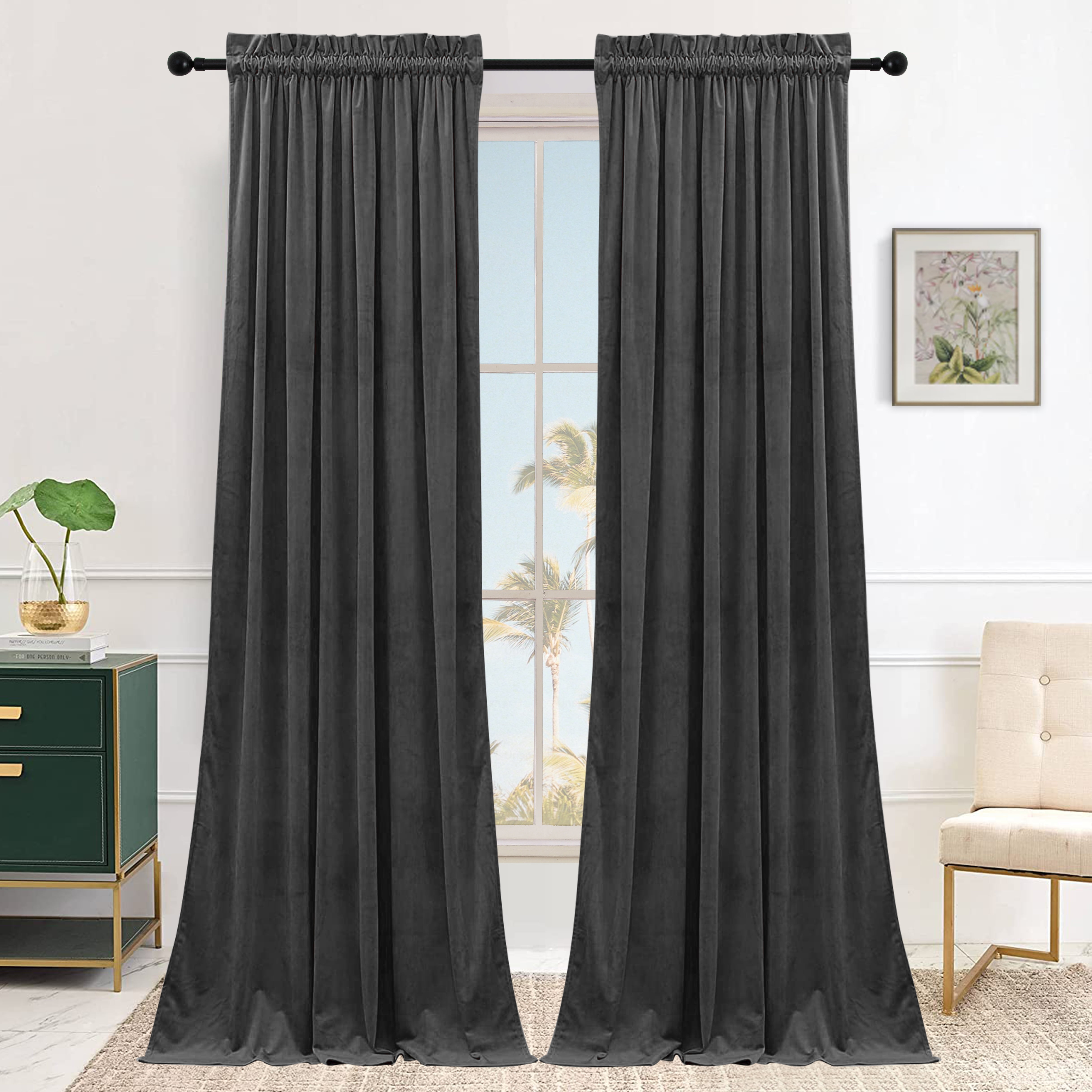 SMILETIME Dark Grey Velvet Curtains with Rod Pocket Thermal Insulated Soft Privacy Room Darkening Velvet Drapes for Bedroom and Living Room, Set of 2 Panels, 52 x 108 Inches Long
