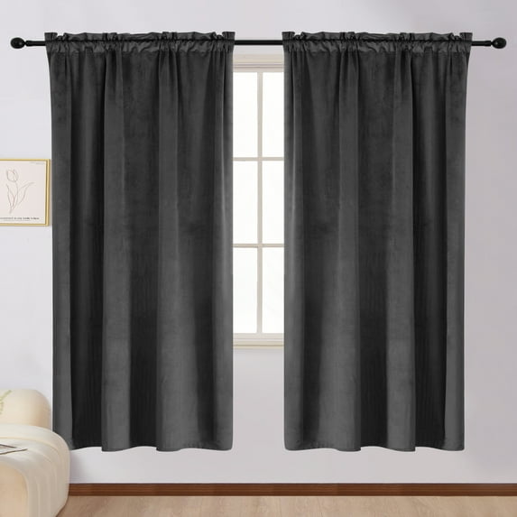 SMILETIME Dark Grey Velvet Curtains with Rod Pocket Thermal Insulated Soft Privacy Room Darkening Velvet Drapes for Bedroom and Living Room, Set of 2 Panels, 52 x 63 Inches Long