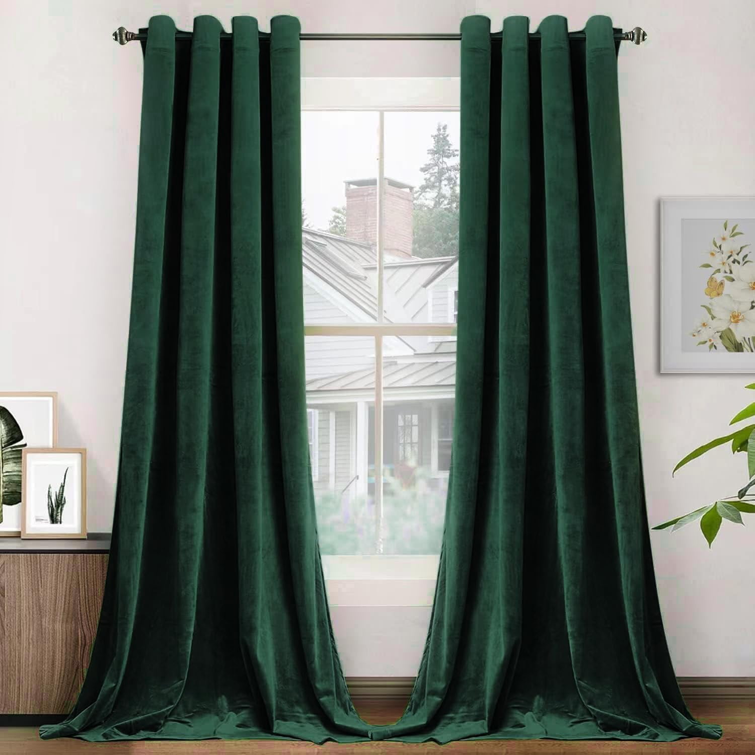 SMILETIME Emerald Green 52 X 90in Velvet Curtains with Grommet, Thermal Insulated Soft Privacy Noise Reducing Light-filtering Velvet Drapes for Living Room, 2 Panels