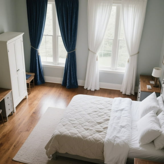 SMILETIME White & Navy Blue Back Tab Curtains, 4 Panels Set Rod Pocket & Pinch Pleat Design Light-Filtering & Thermal Insulation Ideal for Living Room, Bedroom & Office Windows