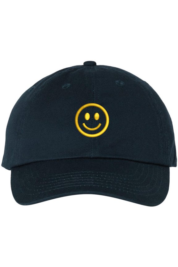 SMILEY FACE Adjustable Dad Cap Unstructured Face Trendy Unisex Preppy Hat (NavyBlueWithGoldSmiley)