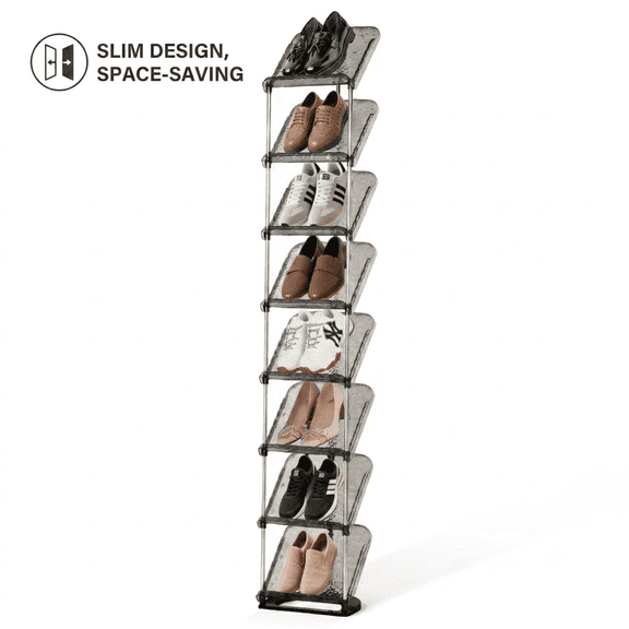 SMILHELTD 8-Tier Vertical Narrow Shoe Rack, Space Saving Shoe Tower Holds 8 Pairs for Entryway Closet, Black