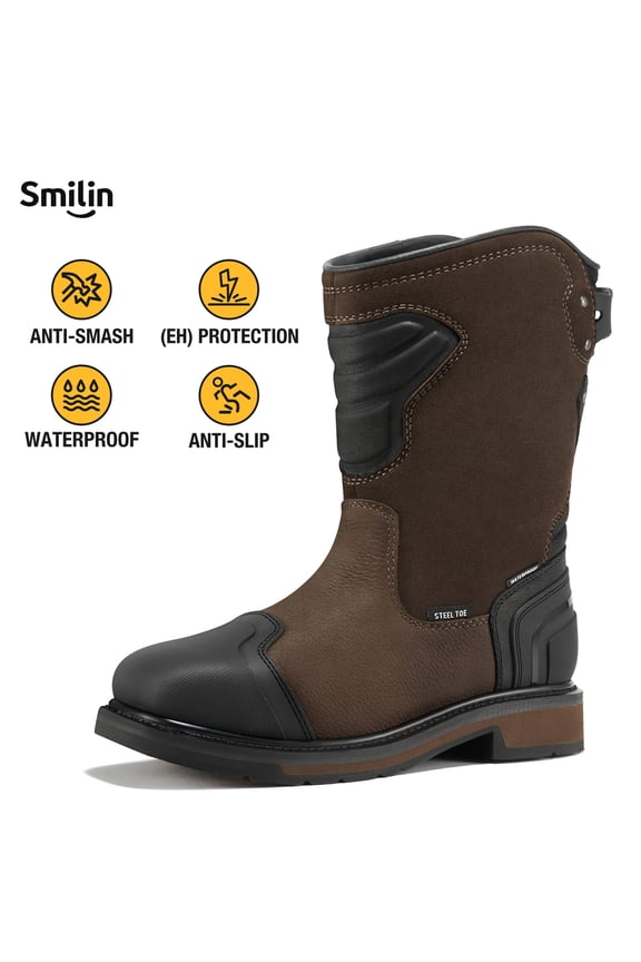 Men's Steel Toe Work Boots, Waterproof Slip Resistant EH Protection, Industrial Motorcycle Safety Boots, Brown, Size 11.5