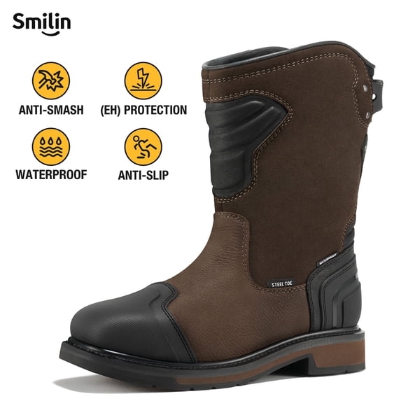 SMILIN Men's Steel Toe Work Boots, Waterproof Slip Resistant EH Protection, Industrial Motorcycle Safety Boots, Brown, Size 11
