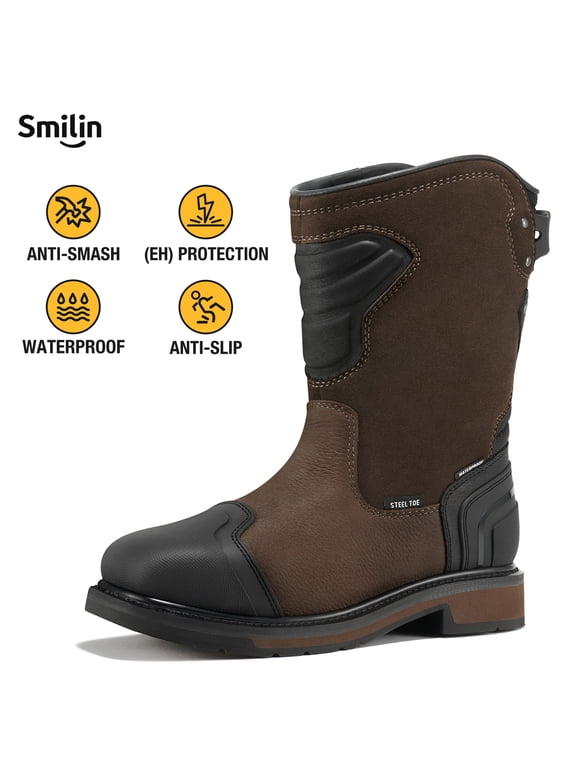 Men's Steel Toe Work Boots, Waterproof Slip Resistant EH Protection, Industrial Motorcycle Safety Boots, Brown, Size 9.5