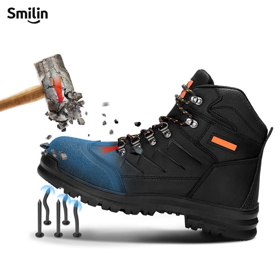 SMILIN Mens Steel Toe Work Boots, Water Resistant Puncture Proof Oil and Slip Resistant Safety Industrial Boots, Black, Size 10