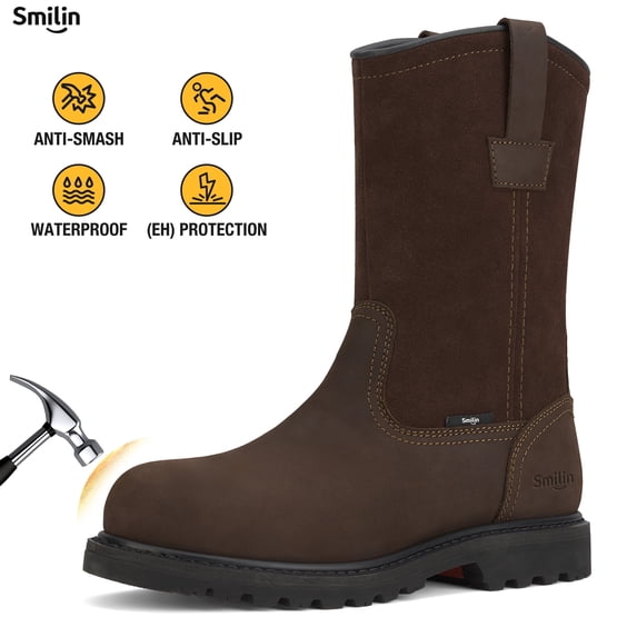 SMILIN Waterproof Steel Toe Boots for Men, Industrial Construction Non-slip Work Safety Shoes,Dark Brown,US Wide Size 8.5