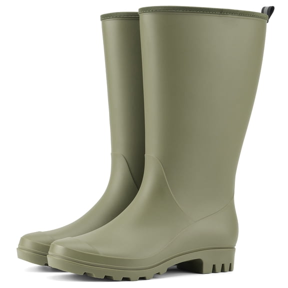 SMILIN Wide Calf Rubber Rain Boots Matte Tall Waterproof PVC Rainboots,Green,Size 8