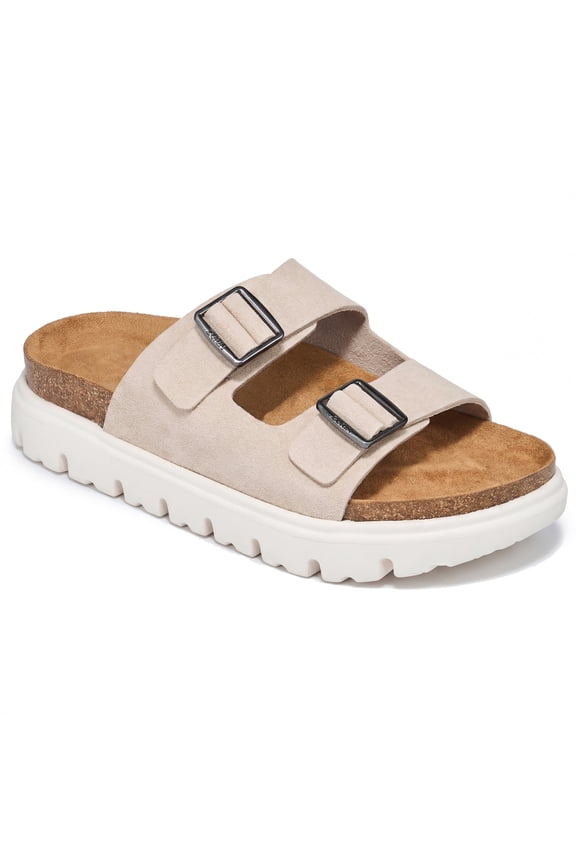 Women's Chunky Platform Clog Sandals - Adjustable Buckle Suede Slides with Arch Support Waterproof for Daily Wear, Light Grey Size 9