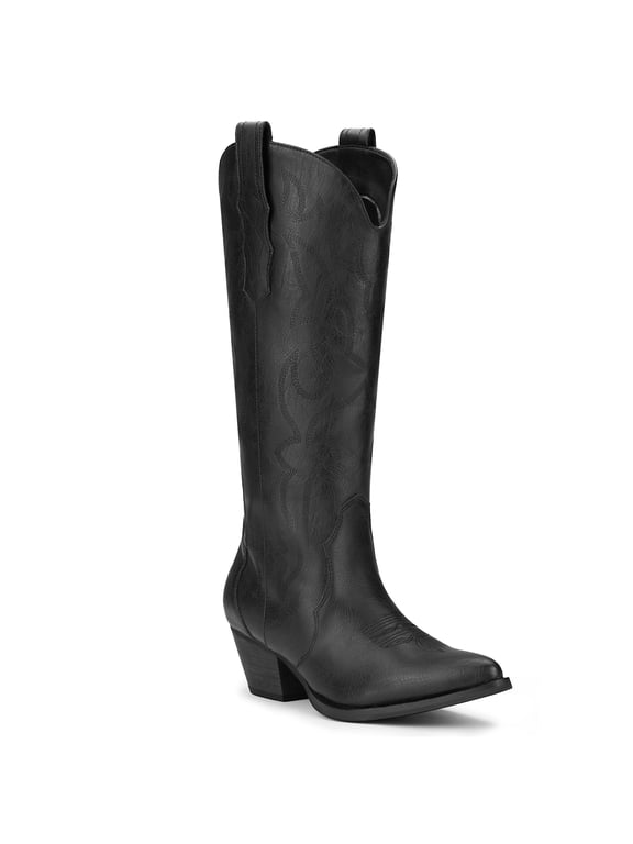 Women's Knee High Cowboy Boots, Embroidered Pointed Toe Tall Western Cowgirl Boots, Black, Size 8.5