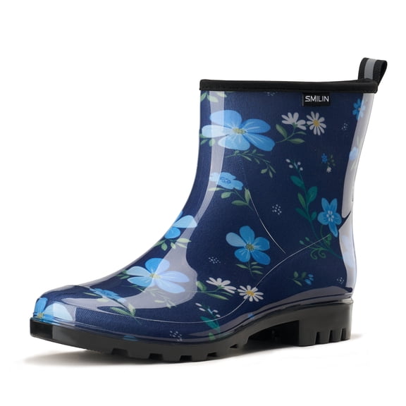SMILIN Women's Waterproof Rain Boots, Mid-Calf Garden Shoes, Blue Floral, Size 8