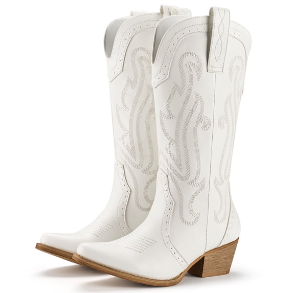 SMILIN Women's Western Cowgirl Boots, Embroidered Pointed Toe Mid-Calf Country Boots, White, Size 11