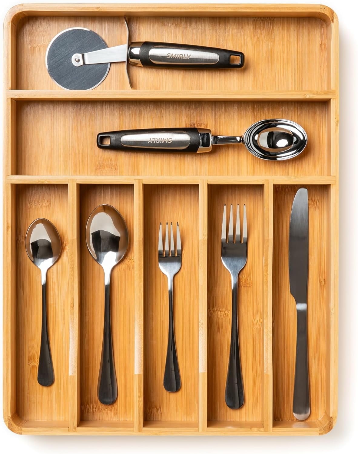 SMIRLY 7-Slot Bamboo Kitchen Drawer Organizer Space Saving Utensil Tray