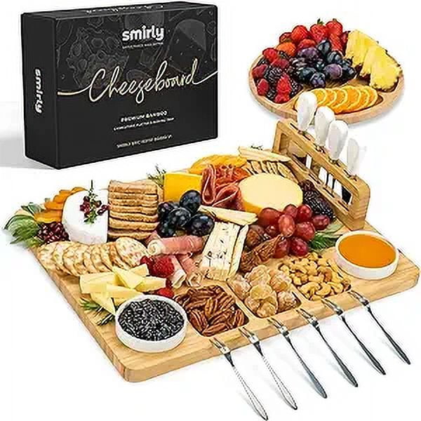 SMIRLY Charcuterie Board Set Large Rectangular Bamboo Cheese Board with Fruit Tray