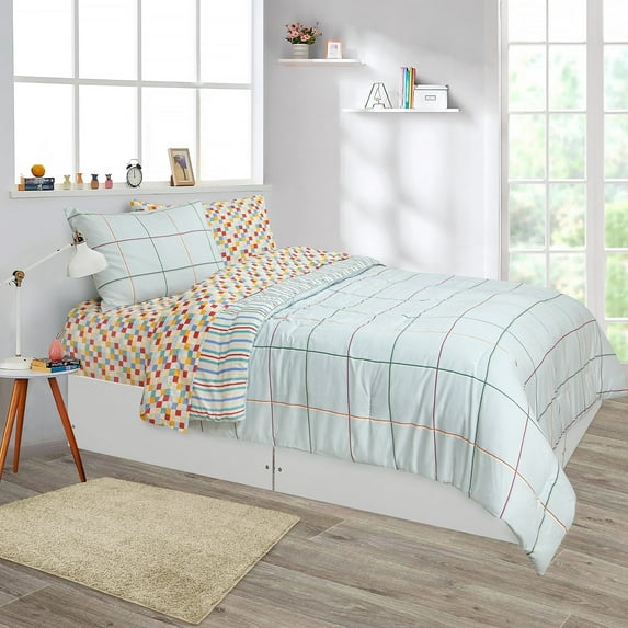 SCAD Piece by Piece 7-Piece Bedding Set, Windowpane - Blue Multi, Bed in a Bag with Reversible Comforter and Sheet Set, Queen