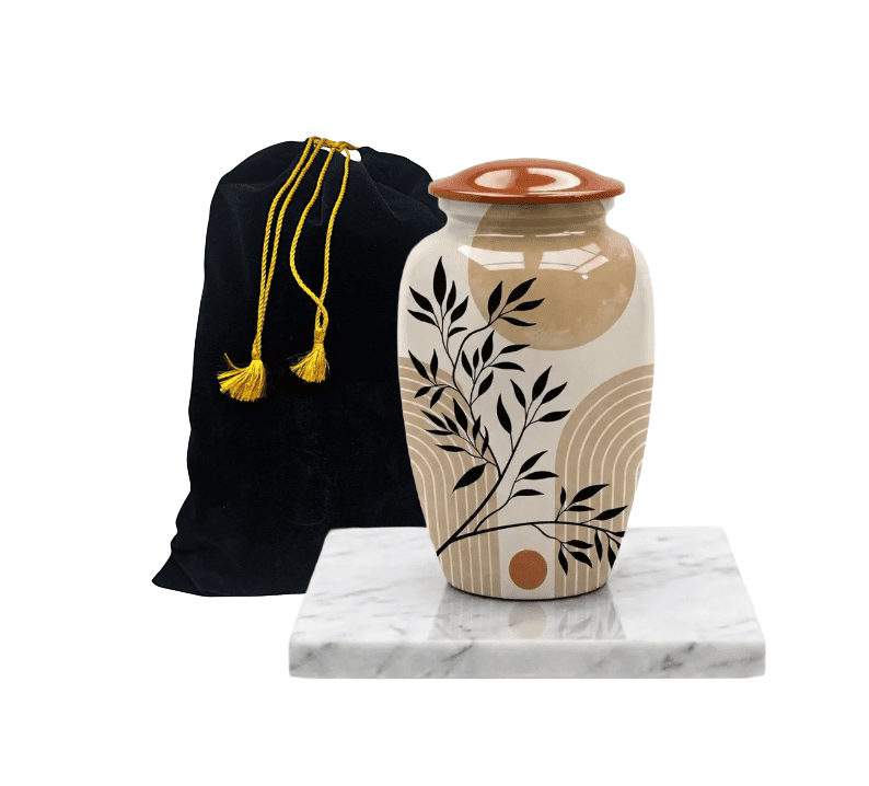 SMIURNS Boho Leaves Cremation Urn for Adult Human Ashes - 10" Handcrafted Aluminum Memorial Urn with Modern Botanical Art, 190 Cubic Inch Capacity & Velvet Bag