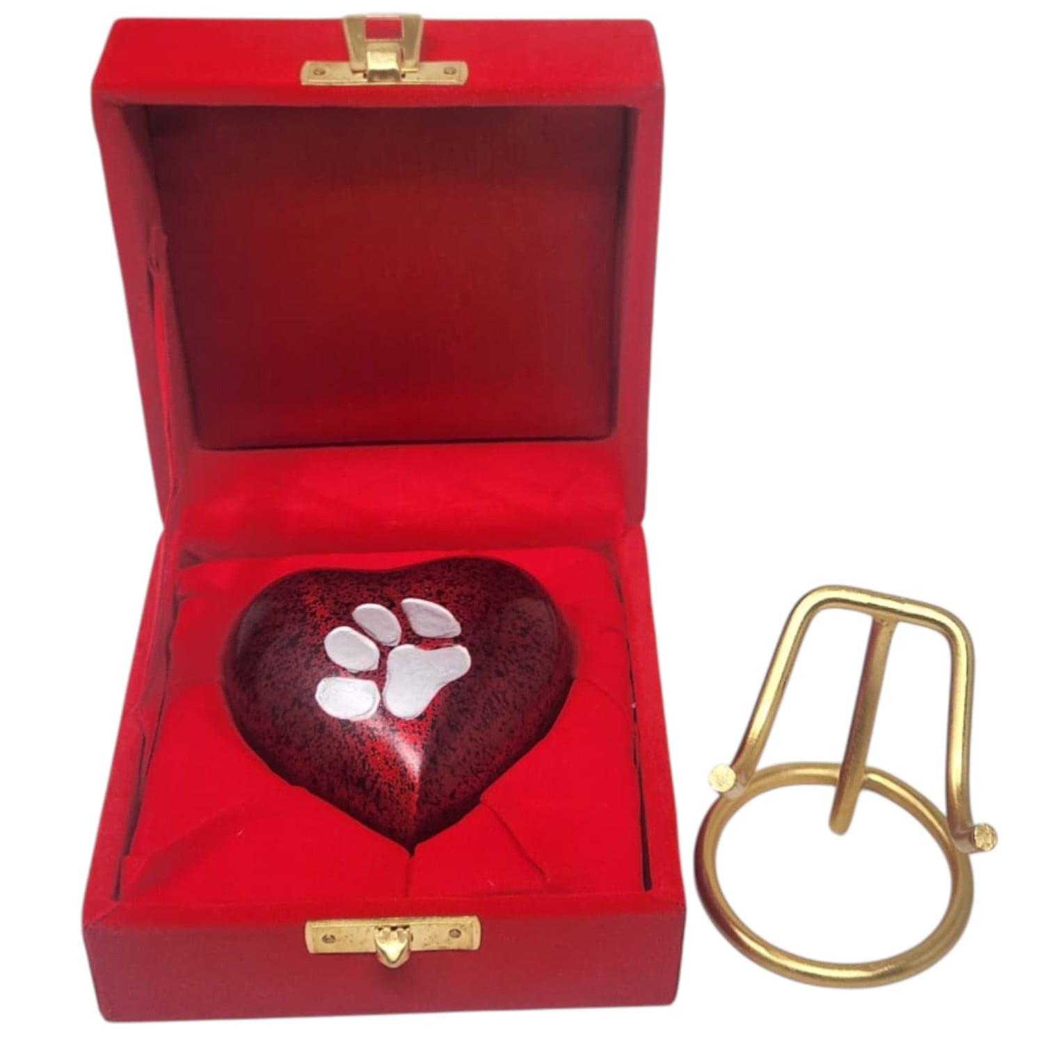 SMIURNS Crimson Red Speckled Heart Pet Cremation Urn - Small Keepsake Urn for Dog or Cat Ashes with Silver Paw Print - Includes Red Velvet Case and Display Stand