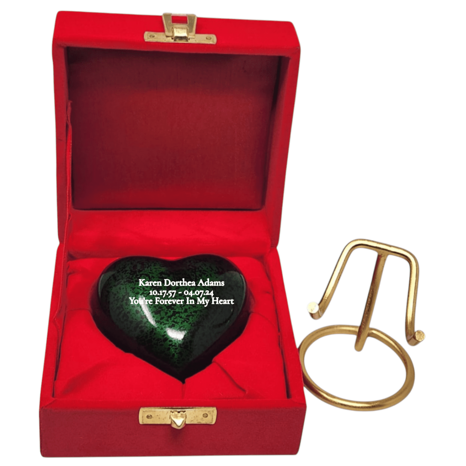 SMIURNS Custom Engraved Emerald Green Speckled Memorial Urn - Heart Keepsake Cremation Urn for Ashes - Includes Gold Display Stand and Red Velvet Gift Box - Small Decorative Urn for Human or Pet