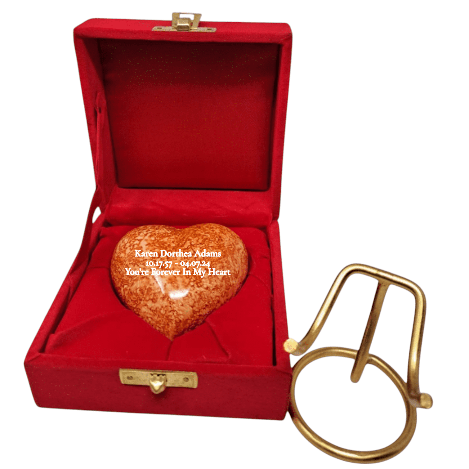 SMIURNS Custom Engraved Heart-Shaped Orange Speckled Memorial Urn Keepsake Cremation Urn for Human or Pet Ashes - Includes Gold Display Stand and Red Velvet Gift Box