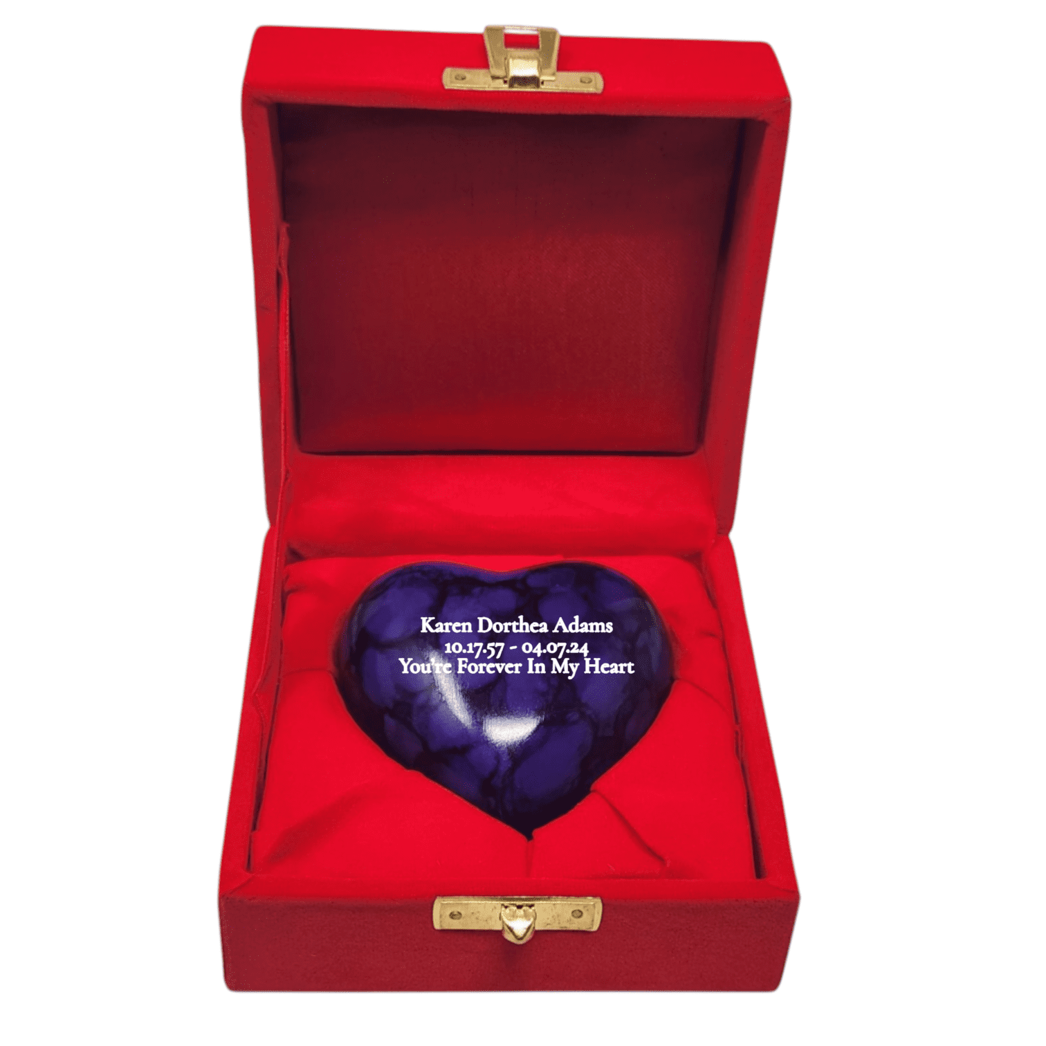 SMIURNS Custom Engraved Royal Purple Marble Finish Heart-Shaped Keepsake Memorial Cremation Urn for Ashes Human or Pet Remains - Gold Display Stand and Red Velvet Gift Box