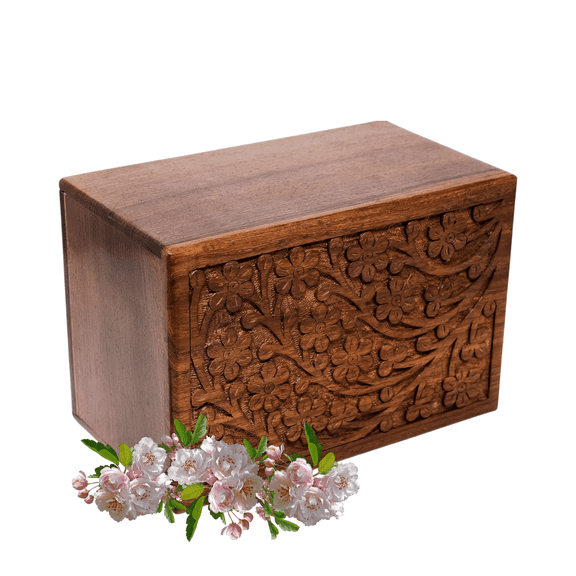 SMIURNS Hand-Carved Floral Rosewood Cremation Urn for Human Ashes - Large Decorative Wooden Funeral Box (9.5" x 7.25" x 5") - Secure Burial & Home Memorial Urn