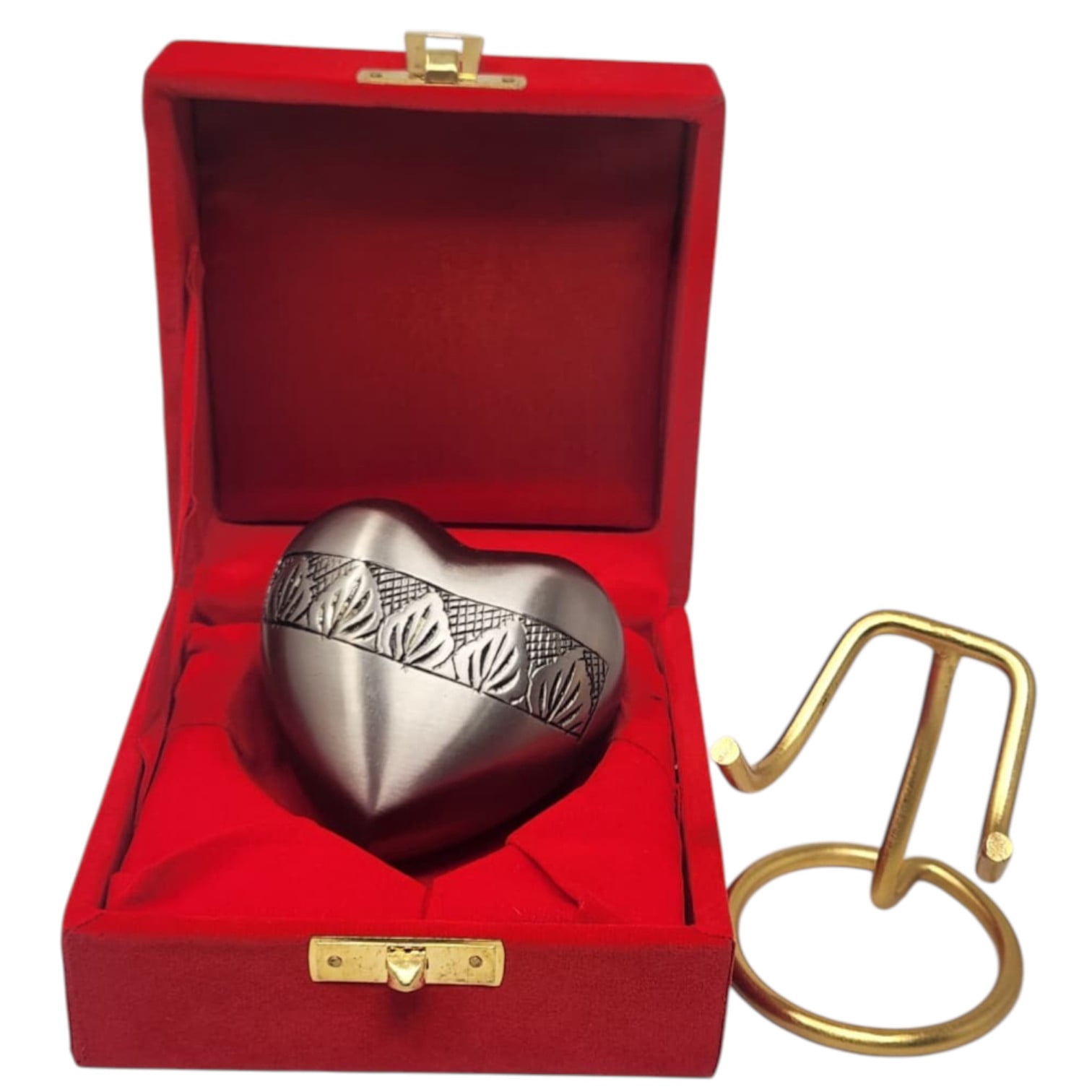 SMIURNS Hand-Engraved Silver Pewter Heart-Shaped Keepsake Cremation Urn for Human or Pet Ashes - Decorative Small Token Urn  with Leaf Motif - Display Stand and Velvet Gift Box