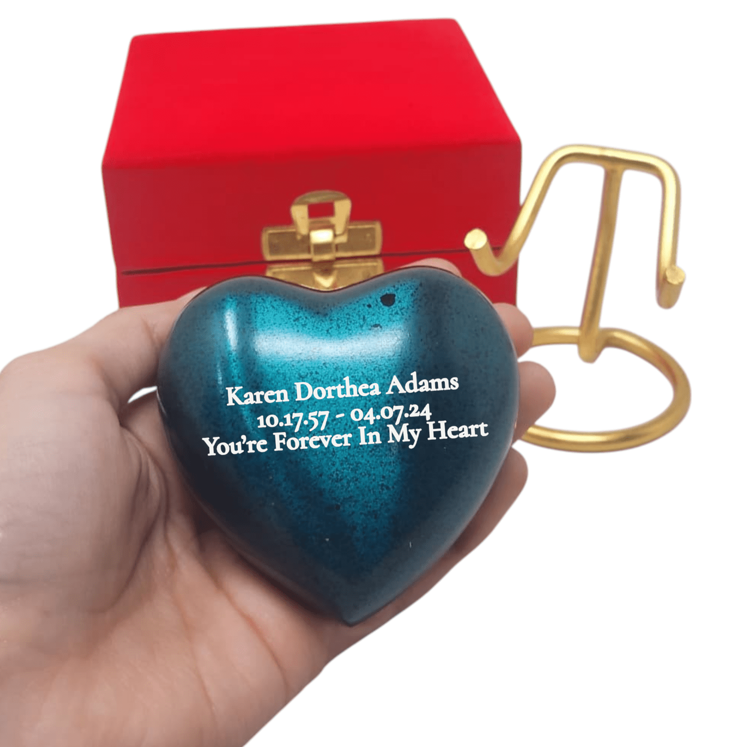 SMIURNS Heart-Shaped Keepsake Cremation Urn for Ashes - Custom Engraved Teal Blue Speckled Memorial Urn - Includes Gold Display Stand and Red Velvet Gift Box - Small Decorative Urn for Human or Pet