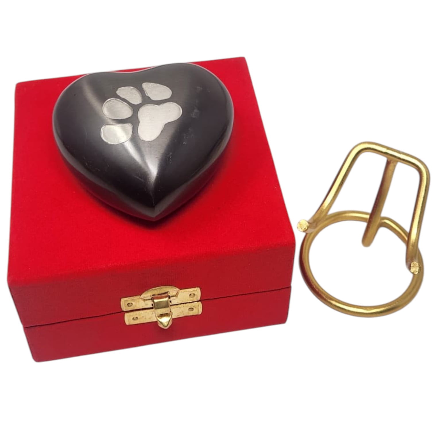 SMIURNS Matte Black Heart Pet Cremation Urn - Small Keepsake Urn for Dog or Cat Ashes with Hand-Engraved Silver Paw Print - Includes Red Velvet Box and Display Stand