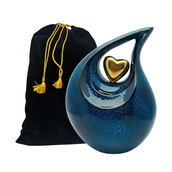 SMIURNS Oceanic Teal Crackle Teardrop Cremation Urn for Human Ashes - Large Adult Memorial Urn with Gold Heart & Velvet Bag