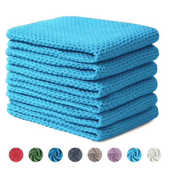 SMIXLN Kitchen Dish Cloths, 100% Cotton Waffle Weave Absorbent Quick-Dry Soft Wash Kitchen Towels, Reusable Dish Towels for Drying Dishes,, 12 x 12 Inches, 6 Pack, Sky Blue