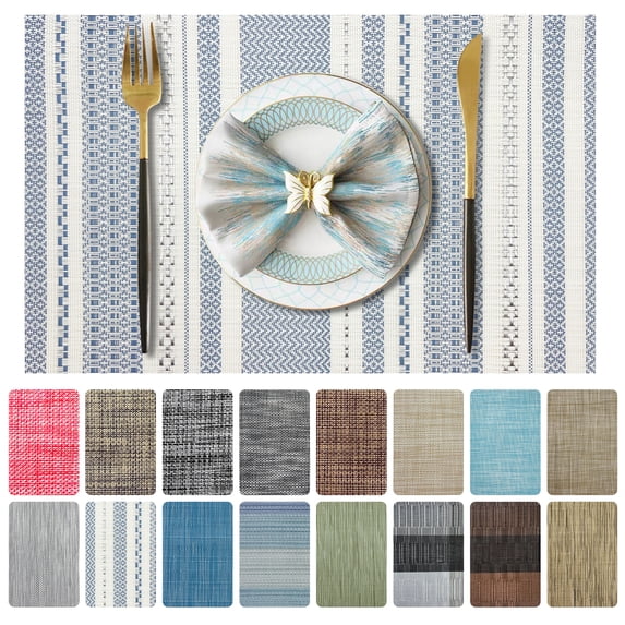 SMIXLN Placemats Set of 4, Vinyl Woven Place Mats for Kitchen Table Indoor/Outdoor, Washable Placemat Wipeable Dining Table Mats, Silver Stripe, 12x18 Inch
