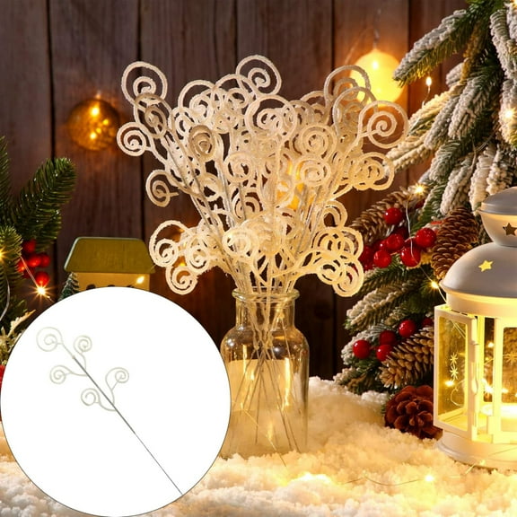 SMKE 10 Pcs Christmas Glitter Tree Picks,Sequins Candy Shape Curly Pick,Sprays Twigs Artificial Curly Stem Picks Ornaments Branches Sticks For Xmas Wreath Vase Fillers Gift Decoration White 11.81"