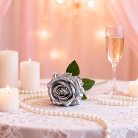 SMKE 1Pc Silver Artificial Rose Stem,Valentine Home Event Floral Decor,Reusable Metallic Rose,Low-Maintenance Daily Floral Accent,Bendable Stem Custom Decor,Budget-Friendly Festive Rose Arrangement