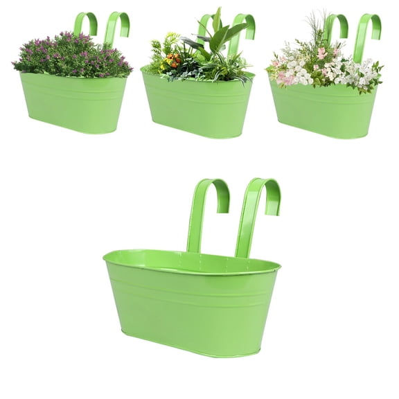 SMKE 1pc Balcony Planter,Window Box Planter,Rail Mounted Planter,Railing Flower Box,11" Metal Hanging Flower Pot for Fence,Light Green Balcony Rail Planter with Detachable Hook & Garden Tool