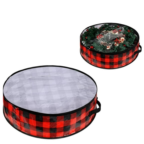 SMKE 2-Pack Plaid Wreath Storage Bags,Pe+Pvc Holiday Decor Organizer,Transparent Window Xmas Wreath Container,Dual-Size Festive Storage Bag,Plaid Design Seasonal Decor Organizer 30"