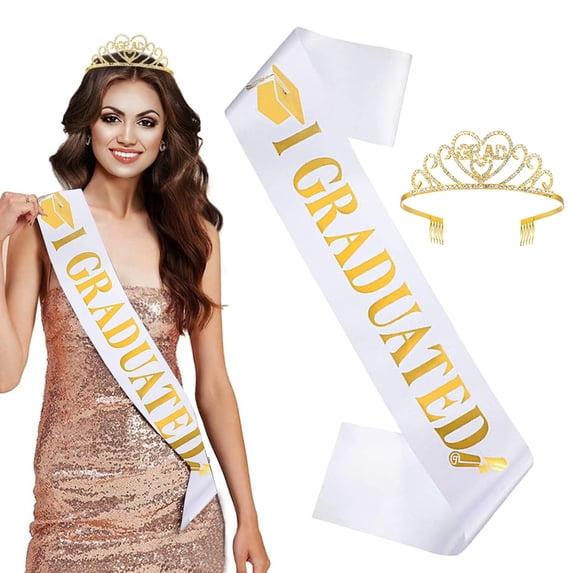 SMKE 2026 Grad Tiara Kit,Grad Celebration Sash,Metal Grad Tiara Kit,2026 Gift Pack,Glittered Graduation Sash & Crown Set,White Grad Accessories,Class of 2026 Decoration for Women College High School