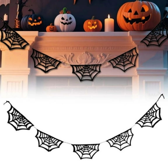 SMKE 2M Black Glitter Spider Garland Halloween Spider Banner,Hanging Spider Web Banner Spiderweb Garland,Cheerland Banner Hanging Cobweb For Spooky Horror Mantle Fireplace Decor Party Supplies