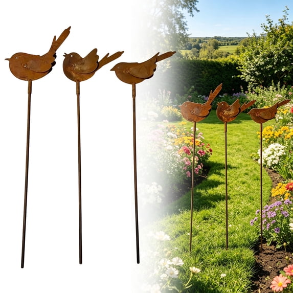 SMKE 3pc Metal Bird Garden Stakes Set for Outdoor Patio Garden Beds Fences Yard Art Decor,Rustic Country Style Sculptures with Weatherproof,Fade Resistant Easy Install Ornament for Lawn Pathways