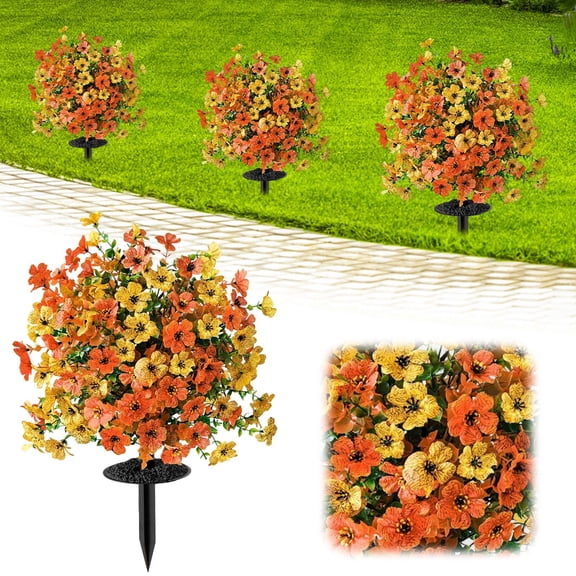 SMKE Artificial Topiary Ball Trees With Ground Spikes,Orange 22" Violet Bushes Shrubs,Faux Silk Floral Flowers Plants,Fake Evergreen Blooming Bush With Stakes,Front Porch Outdoor Decoration