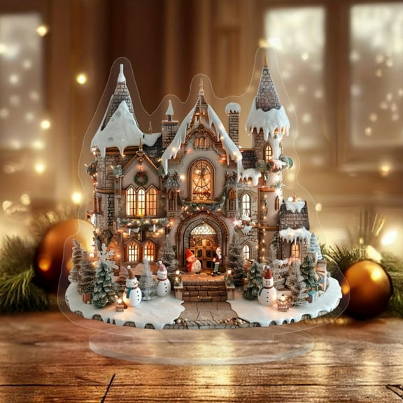 SMKE Christmas Art Kit Tabletop Decor With Special Shape Acrylic Cabin Hanging,Xmas Cottage Ornament,Christmas House Decoration Signage,Home Desktop Office Decor Stand-Up Craft Kit Holiday Gift C